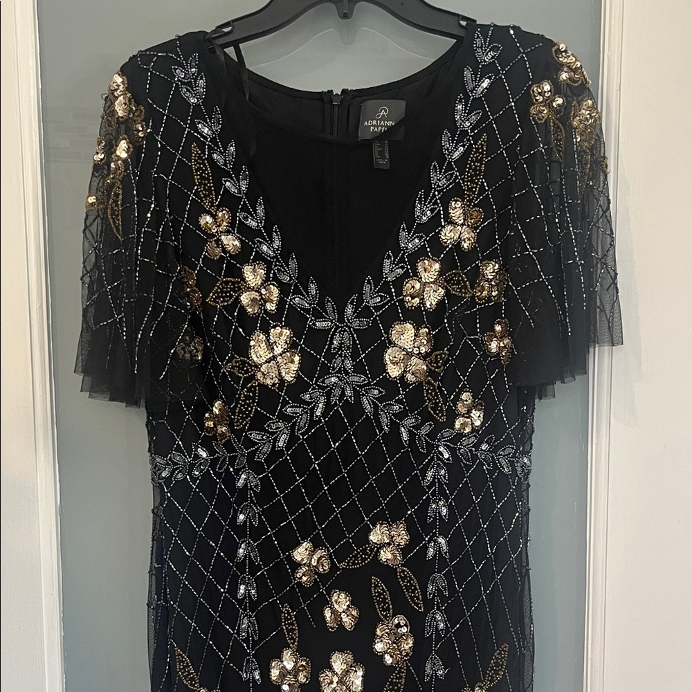 Adrianna Papell Black Gown with Metallic Embroidery